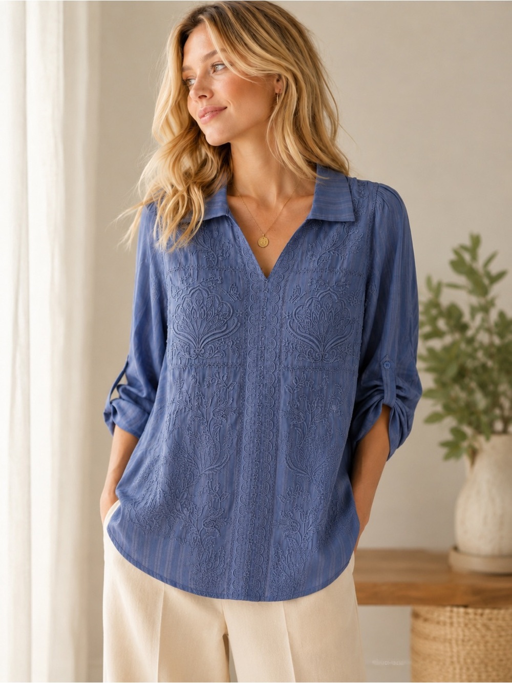 Savanna Jane Dusty Blue Embroidered V-Neck Blouse